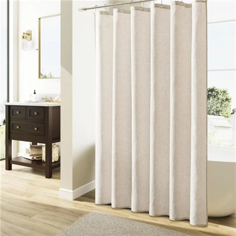 Natural Linen Shower Curtain, Country Boho Farmhouse Bath Decor Beige